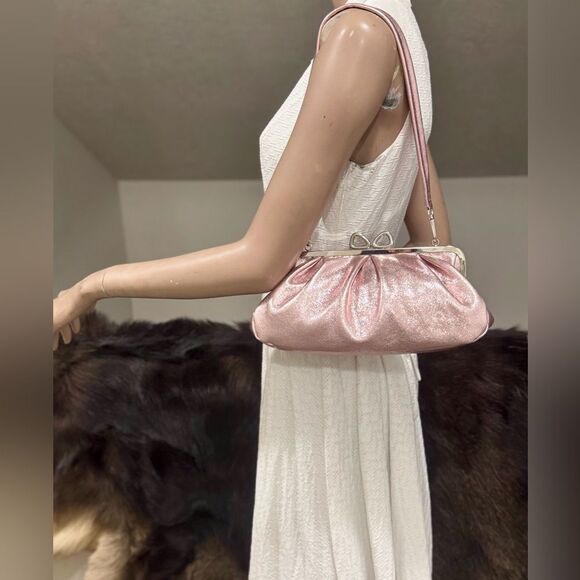 Pearlescent Pink Lambskin Handmade “Bow” Shaped Kisslock Slouchy Bag, Multi Use - Picture 3 of 16